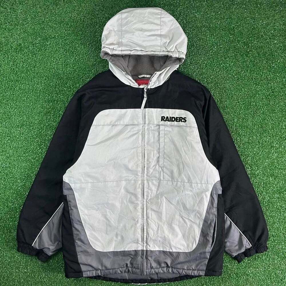 Vintage Oakland Raiders 90s Y2K Puffer Jacket, Silver/Black, Distressed, Size La
